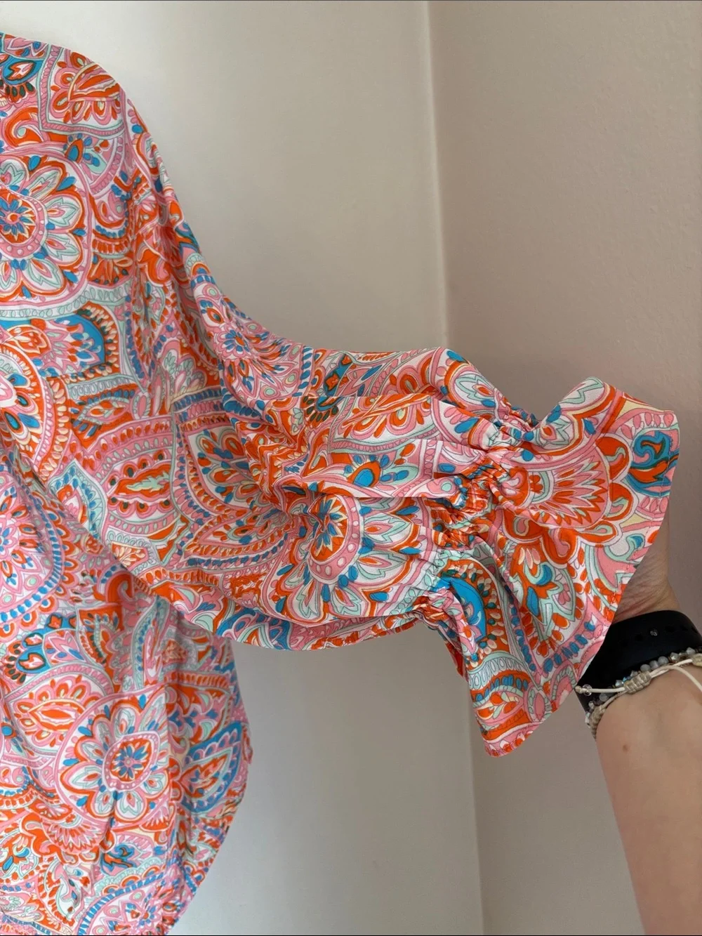 Talbots Women's Coral Paisley Peasant Blouse Ruffle 3/4 sleeve colorful fun XLP